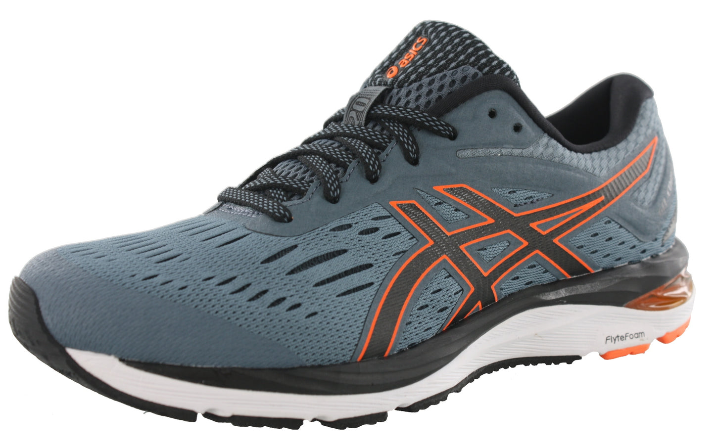
                  
                    Angled of Ironclad with Black and Orange Highlights ASICS Men Gel Cumulus 20 Cushioned Running Shoes
                  
                