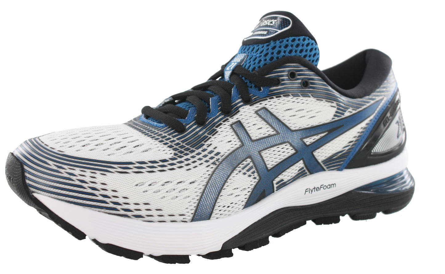 Angled of White with Deep Sapphire accents ASICS Men Walking Trail Cushioned Running Shoes Gel Nimbus 21