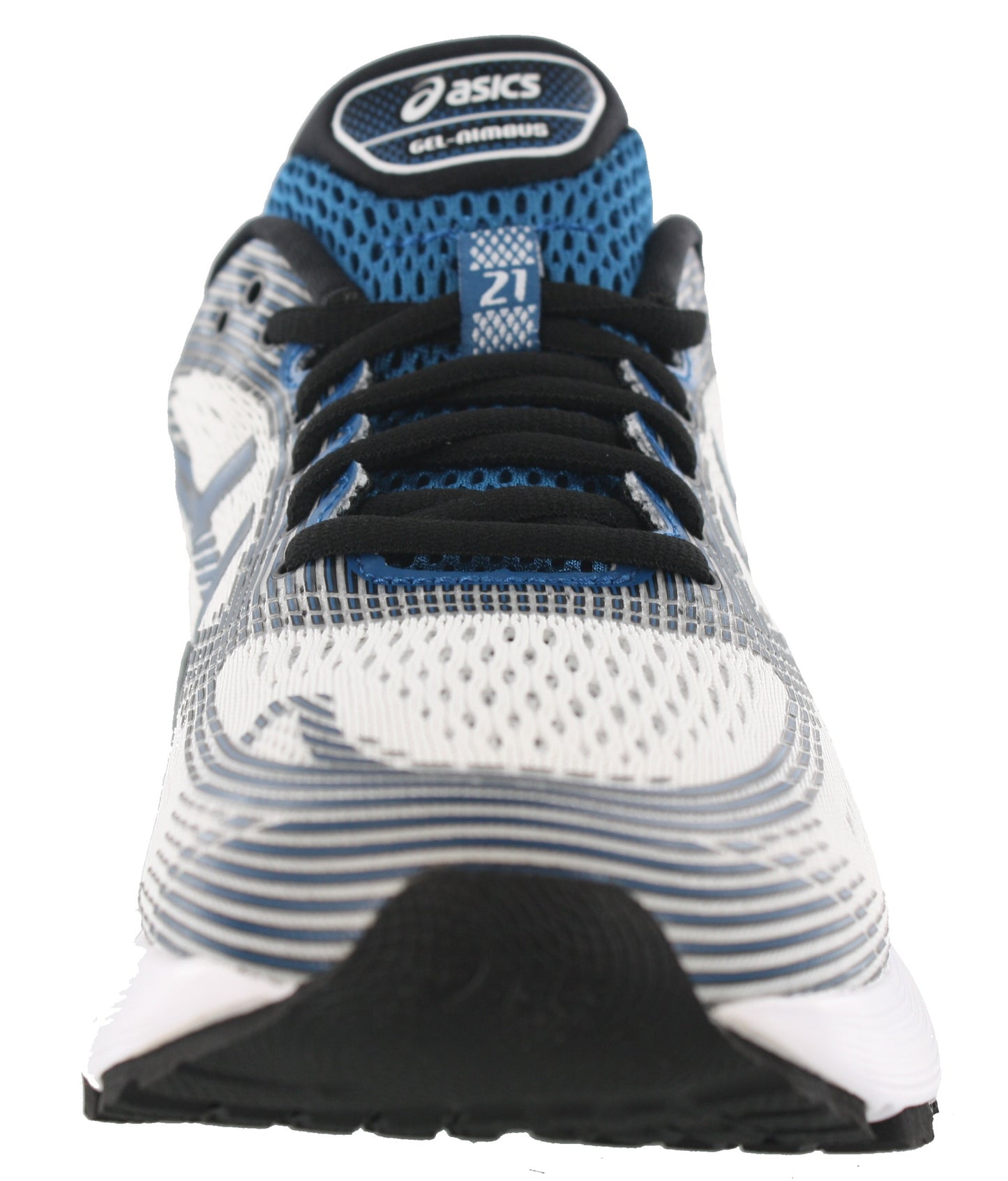Front of White with Deep Sapphire accents ASICS Men Walking Trail Cushioned Running Shoes Gel Nimbus 21