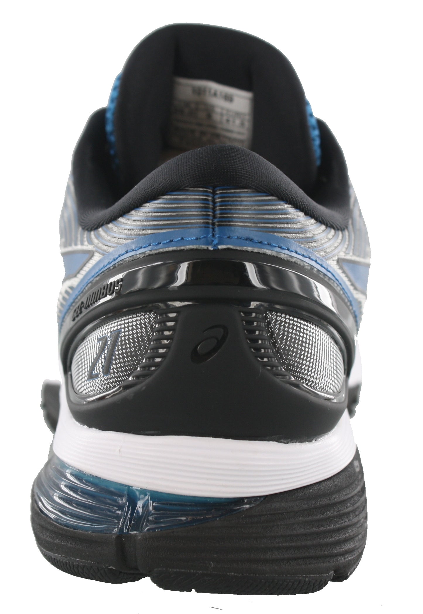 Back of White with Deep Sapphire accents ASICS Men Walking Trail Cushioned Running Shoes Gel Nimbus 21