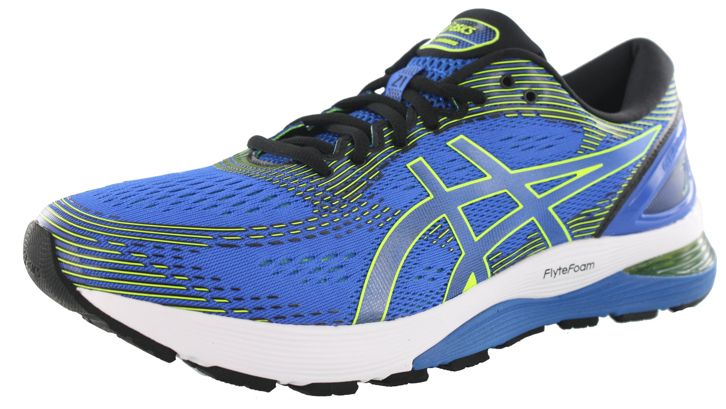 Angled of Illusion Blue with Yellow & Black accents ASICS Men Walking Trail Cushioned Running Shoes Gel Nimbus 21