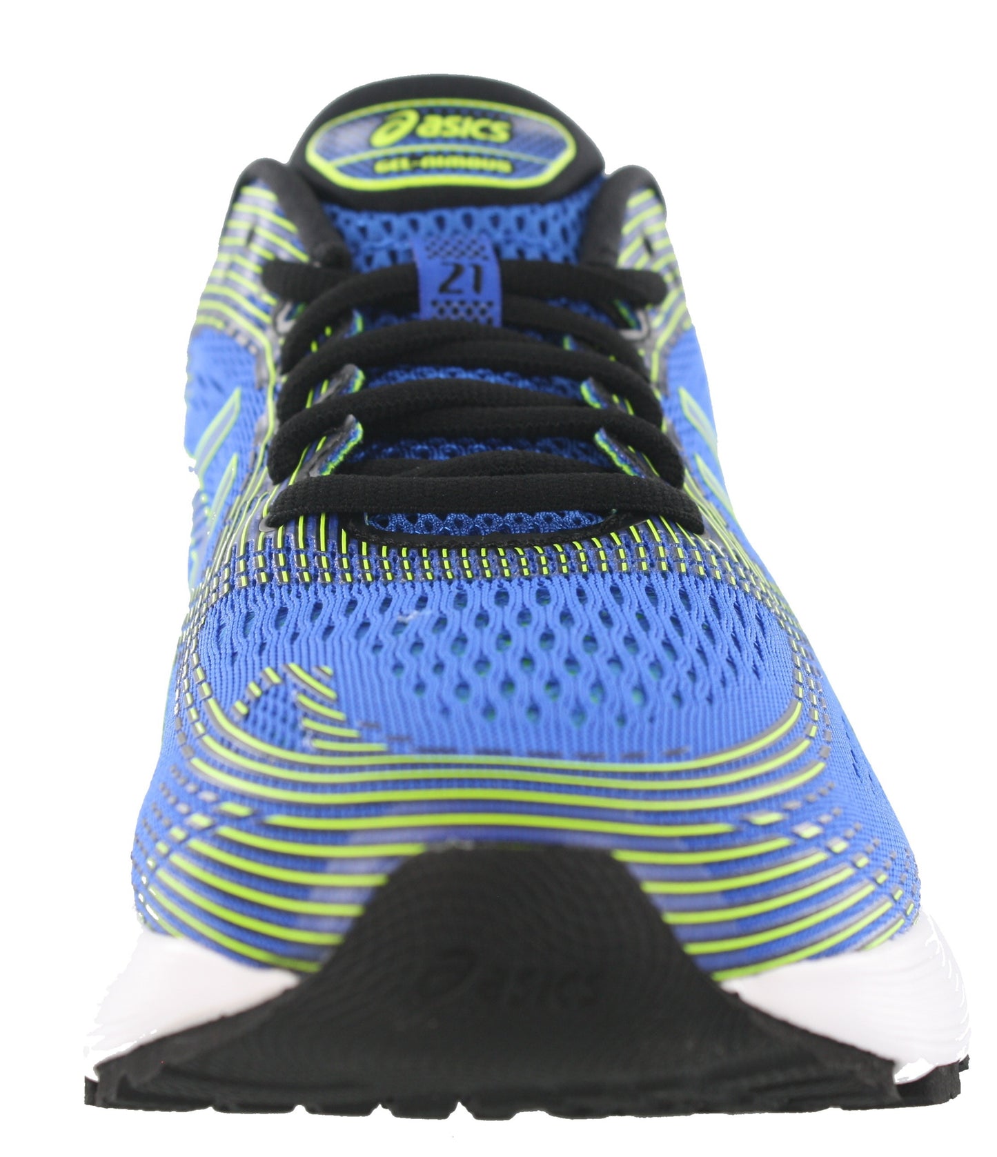 Front of Illusion Blue with Yellow & Black accents ASICS Men Walking Trail Cushioned Running Shoes Gel Nimbus 21