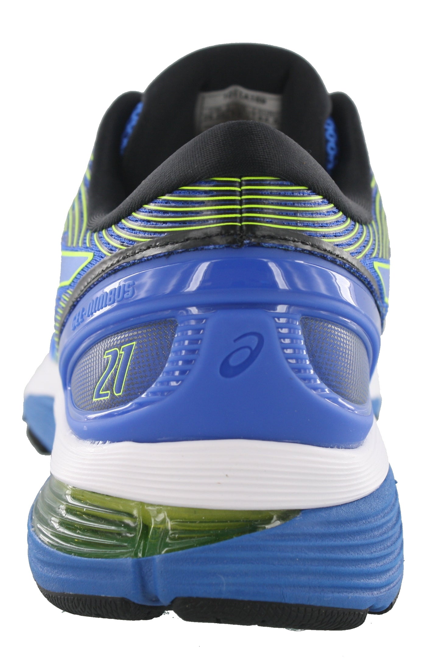 Back of Illusion Blue with Yellow & Black accents ASICS Men Walking Trail Cushioned Running Shoes Gel Nimbus 21