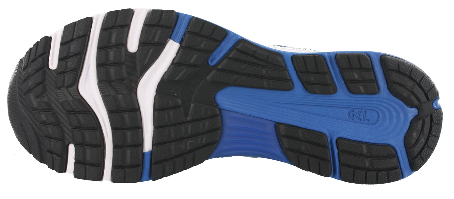 Black, blue, and white sole of Illusion Blue with Yellow & Black accents ASICS Men Walking Trail Cushioned Running Shoes Gel Nimbus 21