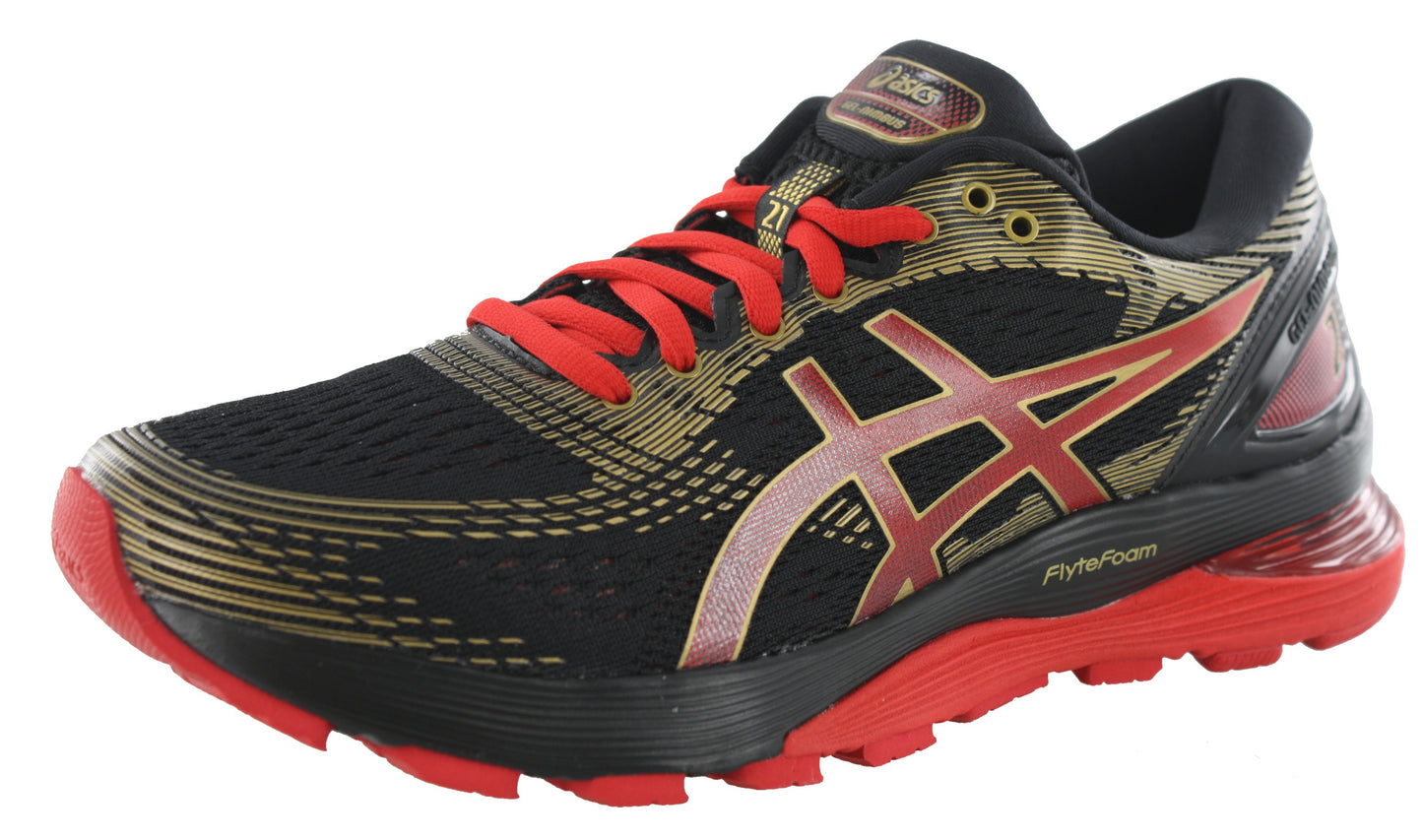 Angled of Black with Gold & Red accents ASICS Men Walking Trail Cushioned Running Shoes Gel Nimbus 21