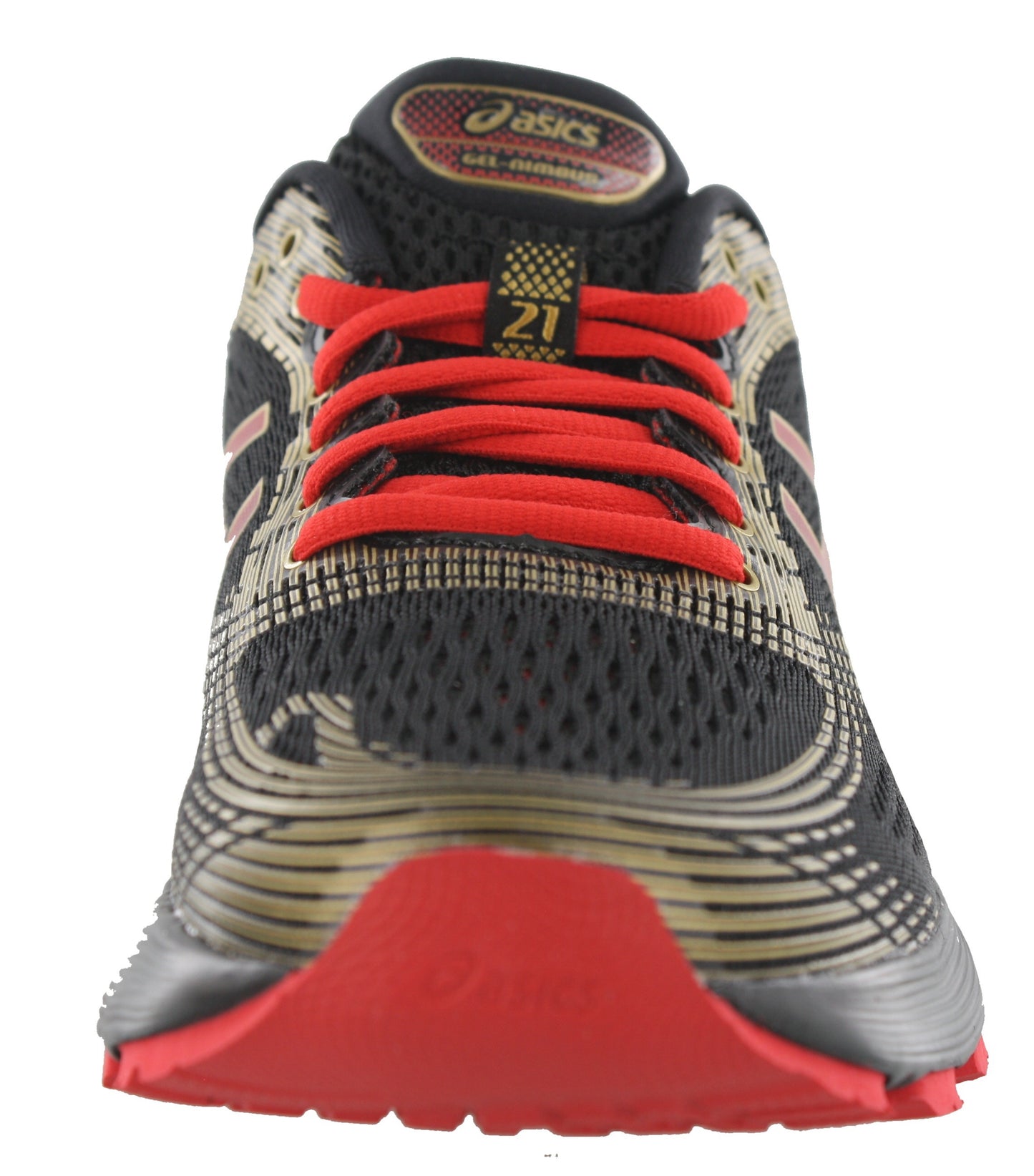Front of Black with gold and red accents ASICS Men Walking Trail Cushioned Running Shoes Gel Nimbus 21