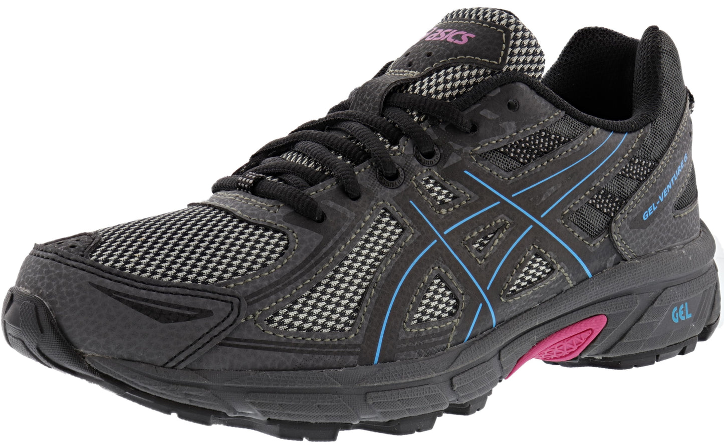 
                  
                    Lateral of Black/IslandBlue/Pink2202 ASICS Women Walking Trail Cushioned Running Shoes Gel Venture 6
                  
                