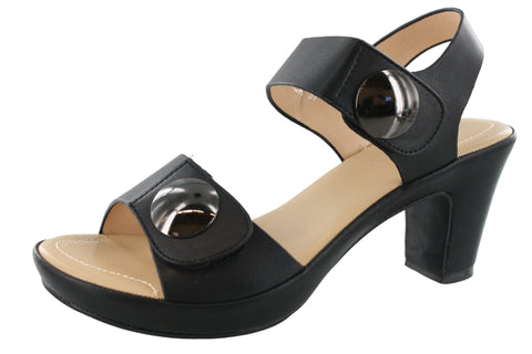 Medium heel black dress sandal with strap closure and a bottom accent in the closure strap