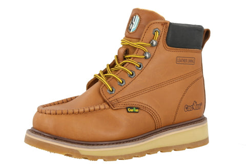 high top work boot in tan color with shoe laces and stitching accent in the toe section