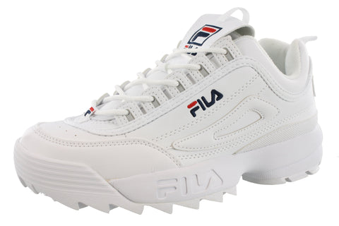 White chunky shoe with red and navy fila letters