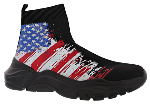 high top solida black shoe with american flag print on the side