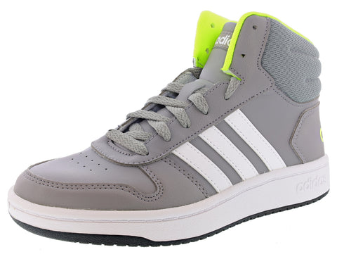 Light Grey high top shoe with white accents and lime green linning