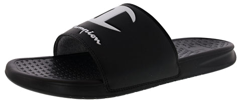 All black athletic slide sandal with white champion logo on top