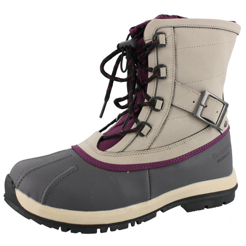 Lace up grey snow boot with strap on the side and purple accents