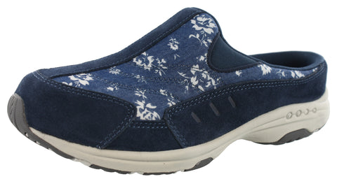 Navy upper and white sole slip on shoe with open back and  white floral accents on top