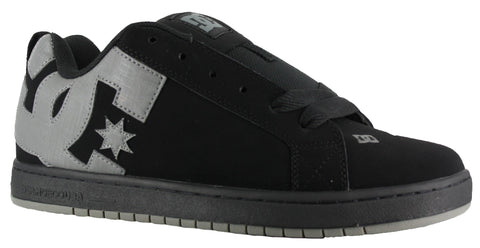 all black skate shoe with round toe and big DC grey letters on the side