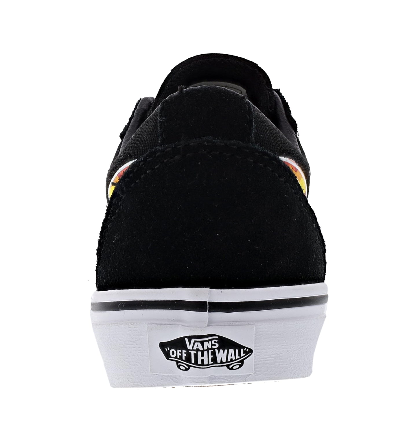 
                  
                    Black heel with black and white artwork of Vans "Off the Wall" on sole of Red, Orange and Yellow Flame Camo on Black/White Van Sneakers.
                  
                