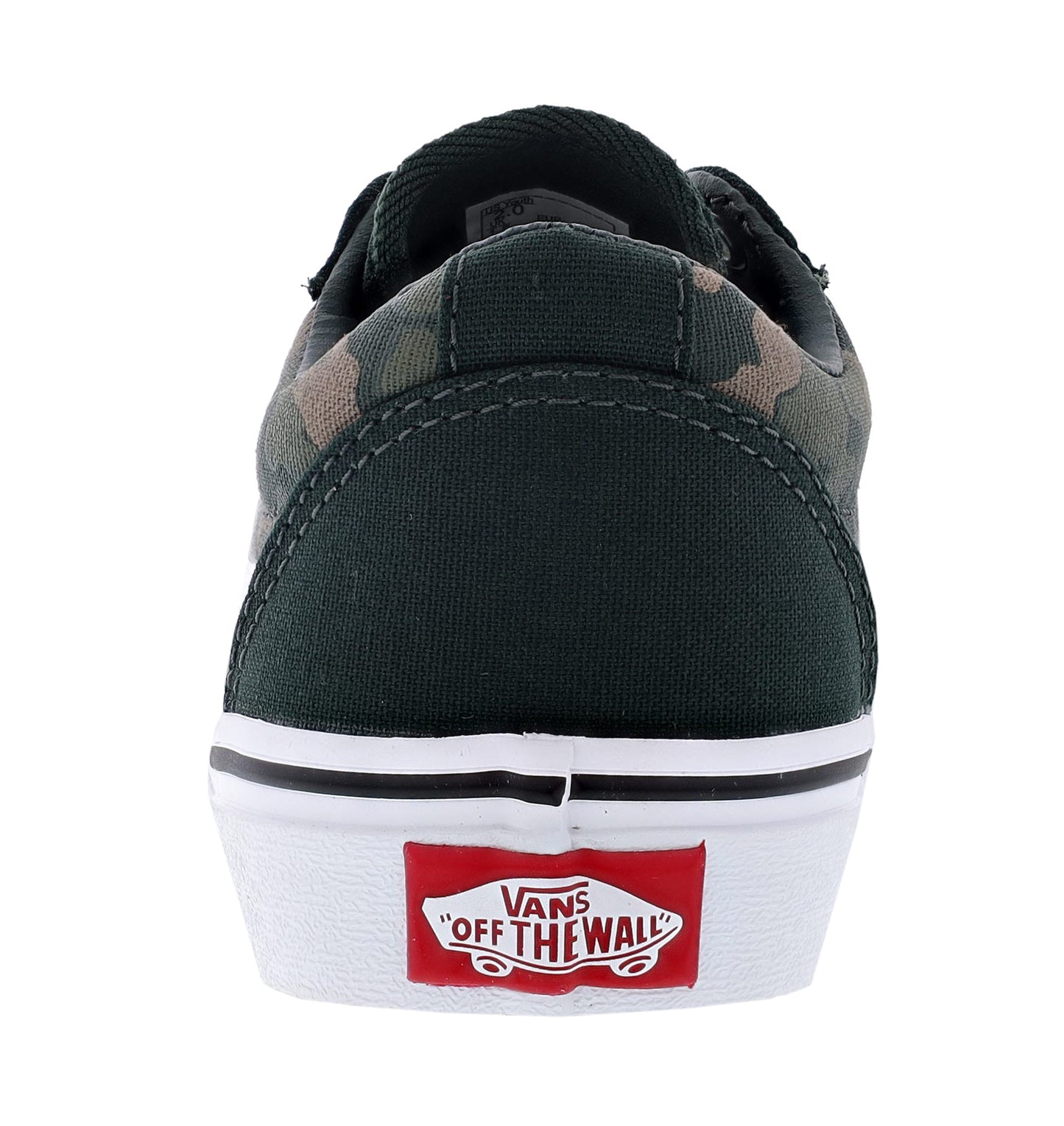
                  
                    Heel with Red and White Vans "Off the Wall" artwork on Van's Kid Forest Camo Ward Sneakers
                  
                