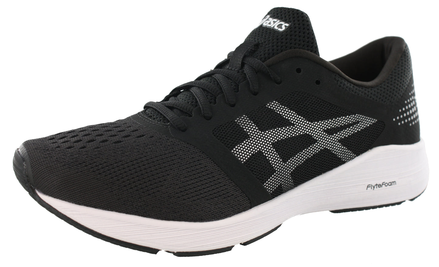 
                  
                    Lateral of Black/Silver/White ASICS Women Walking Cushioned Running Shoes Roadhawk FF
                  
                