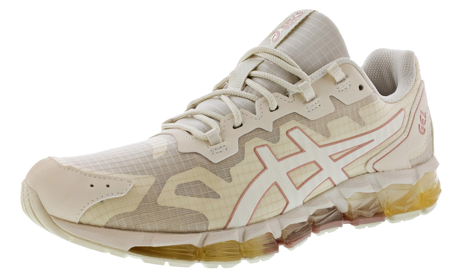 Lateral of Birch/Rose Gold colored Asics Gel-Quantum 360 6 Women's Lightweight Running Shoes