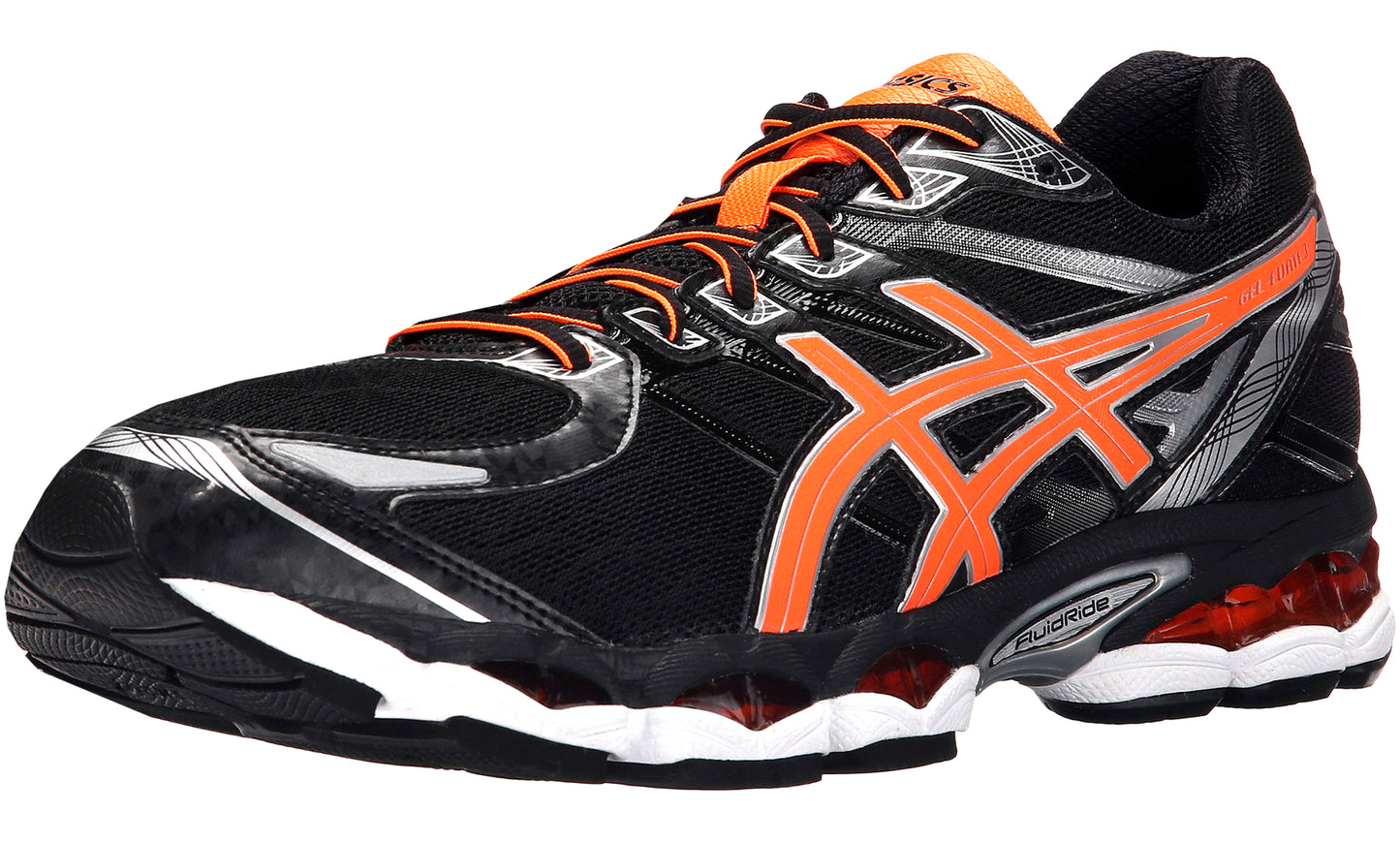 Lateral of Black/HotOrange/Silver ASICS Men Walking Trail Cushioned Running Shoes Evate 3