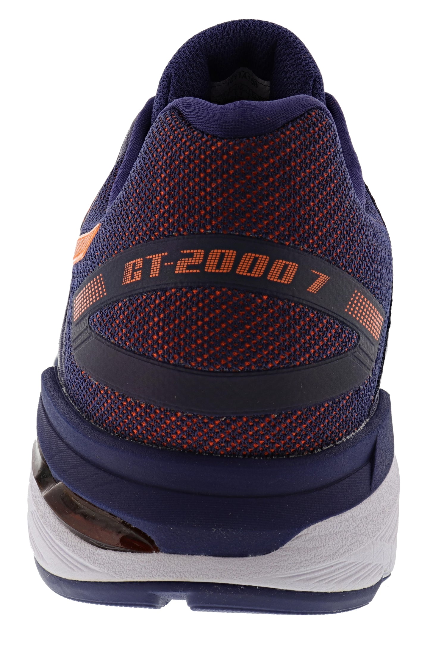 
                  
                    Back of Indigo Blue/Shocking Orange ASICS Men Walking Trail Cushioned Running Shoes GT 2000 7
                  
                