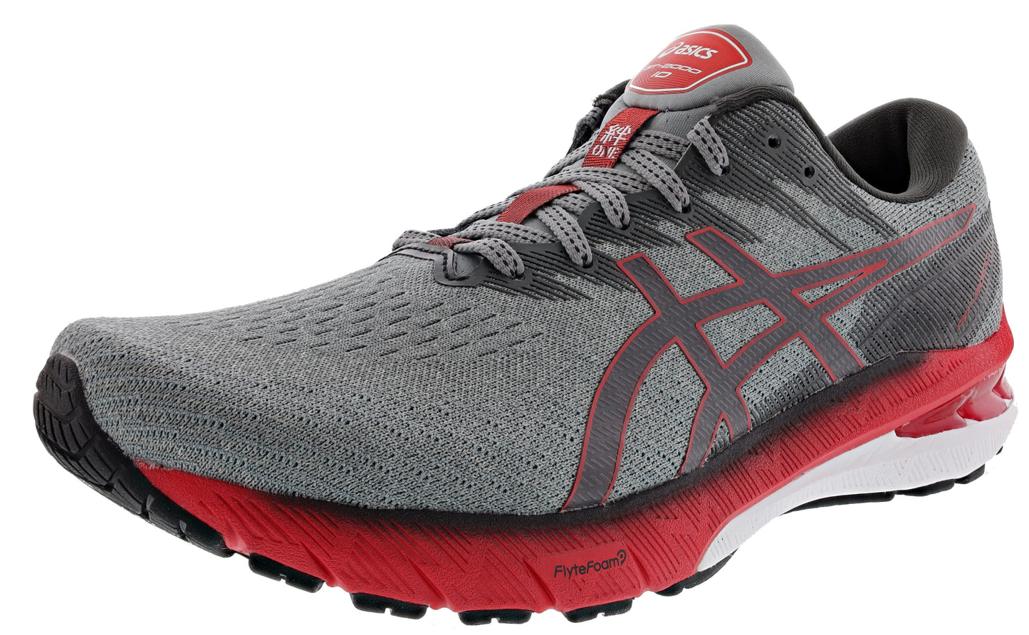 
                  
                    Lateral of Mid Grey Electric Red ASICS Men’s Walking Trail Cushioned Running Shoes GT 2000 10
                  
                