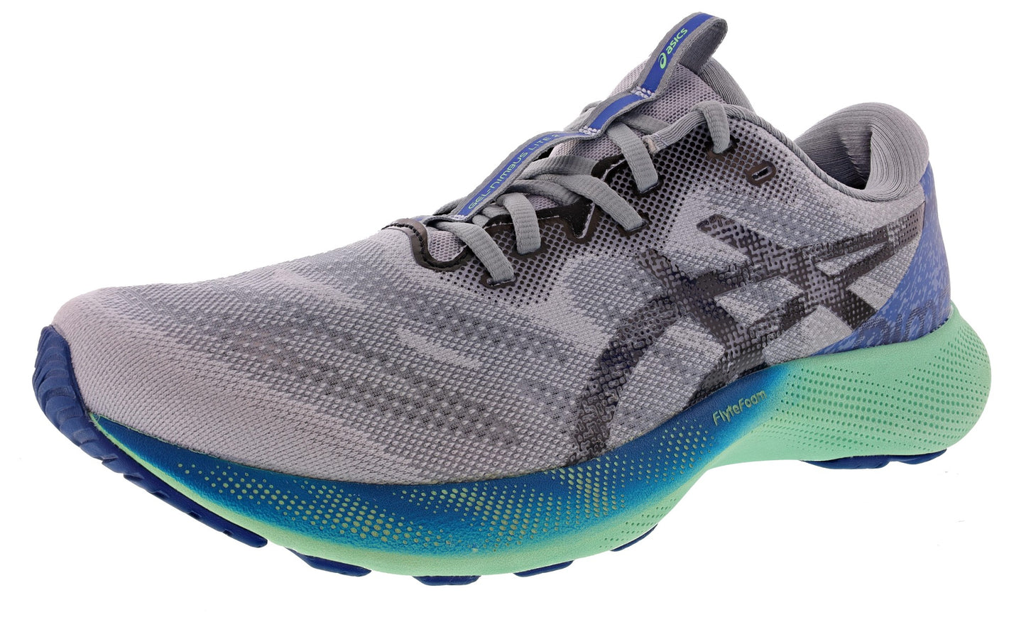 
                  
                    Lateral of Gray with Deep Sea Teal/Black ASICS Men's Gel Nimbus Lite 2 Soft Cushioning Running Shoes
                  
                