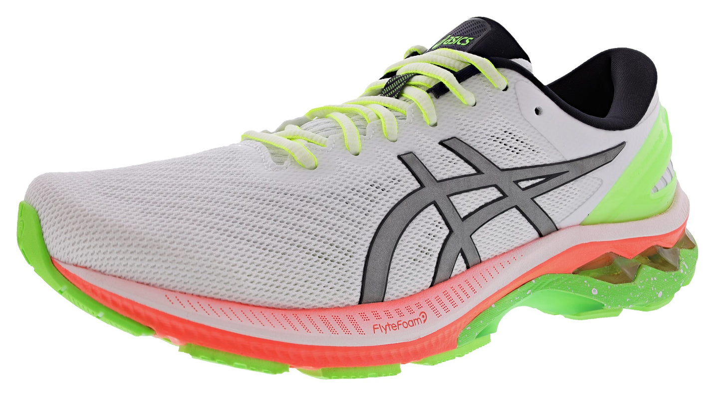 Lateral of White with Pure Silver, Green, and Peach highlights ASICS Men's Gel Kayano 27 Lite Show Cushioned Running Shoes
