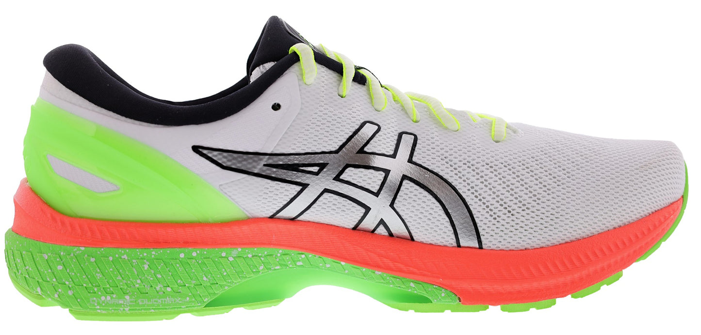 
                  
                    Medial of White with Pure Silver, Green, and Peach highlights ASICS Men's Gel Kayano 27 Lite Show Cushioned Running Shoes
                  
                