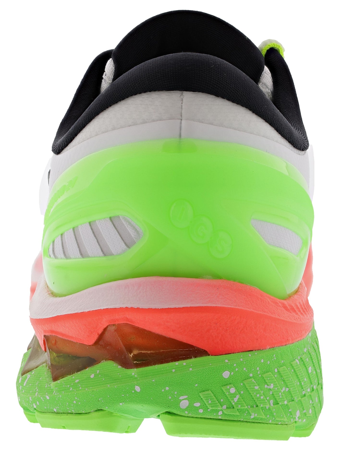 
                  
                    Back of White with Pure Silver, Green, and Peach highlights ASICS Men's Gel Kayano 27 Lite Show Cushioned Running Shoes
                  
                