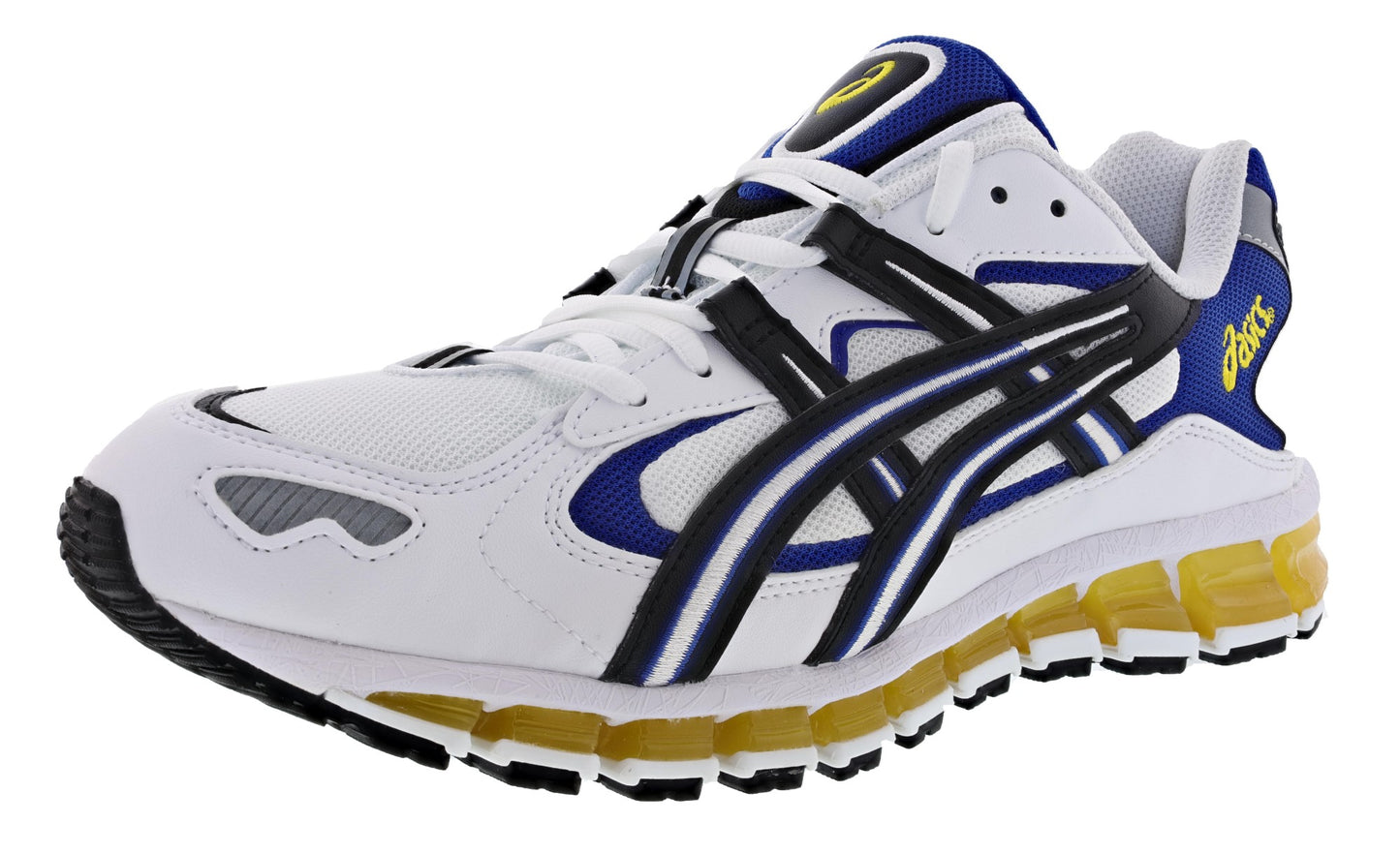 Lateral of White with Black and Blue accents ASICS Men's Cushioned Running Shoes Gel Kayano 5 360