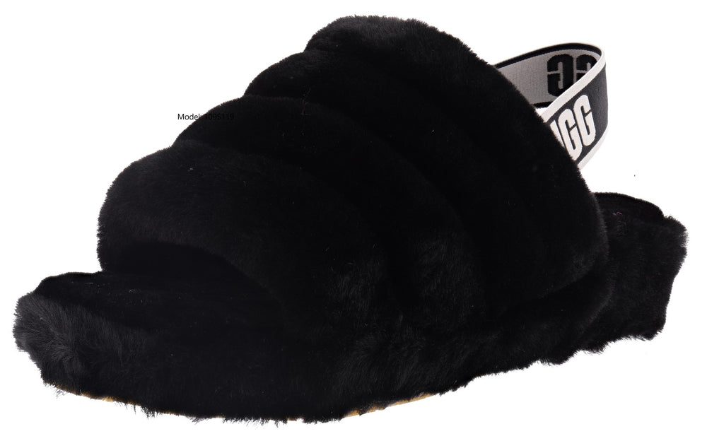 UGG Fluff Yeah Slide Sandals Youth 5 selling Black Shearling Fur Slingback Shoes NWB