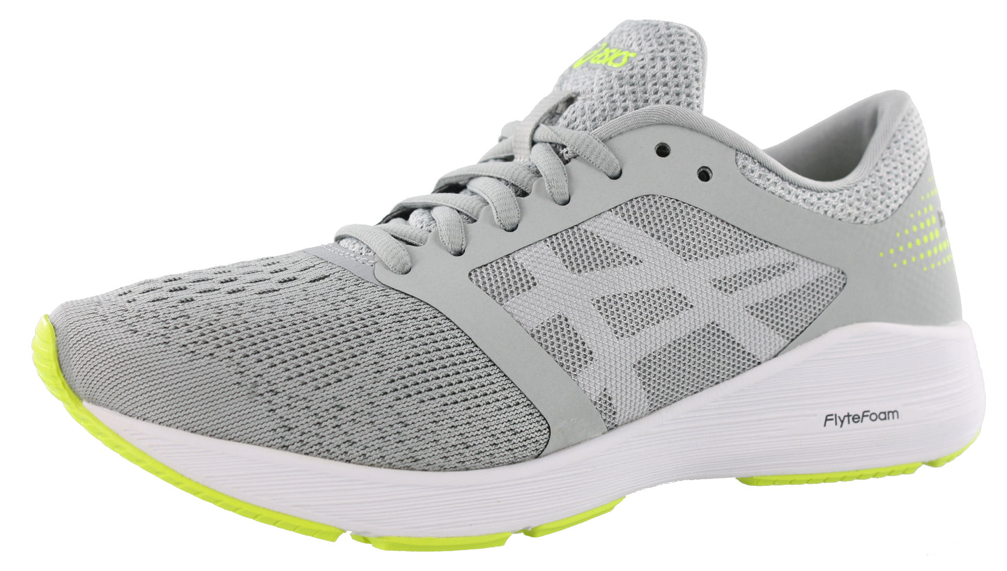 Lateral of Mid Grey/White/Yellow ASICS Men Walking Cushioned Running Shoes Roadhawk FF