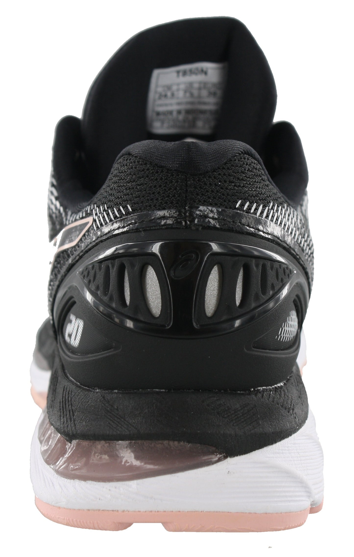 
                  
                    Back of Black/Frosted Rose ASICS Women Walking Trail Cushioned Running Shoes Nimbus 20
                  
                