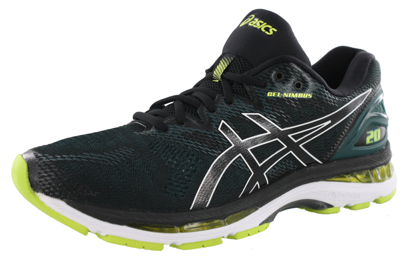 
                  
                    Angled of Black with Neon Lime, Forest Green, and White accents ASICS Men Walking Trail Cushioned Running Shoes Gel Nimbus 20
                  
                