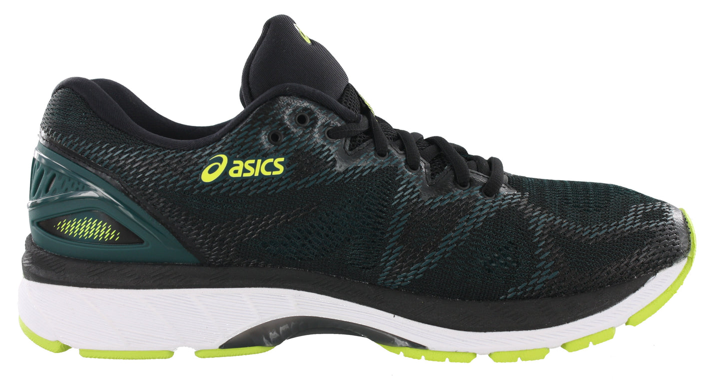
                  
                    Medial of Black with Neon Lime, Forest Green, and White accents ASICS Men Walking Trail Cushioned Running Shoes Gel Nimbus 20
                  
                