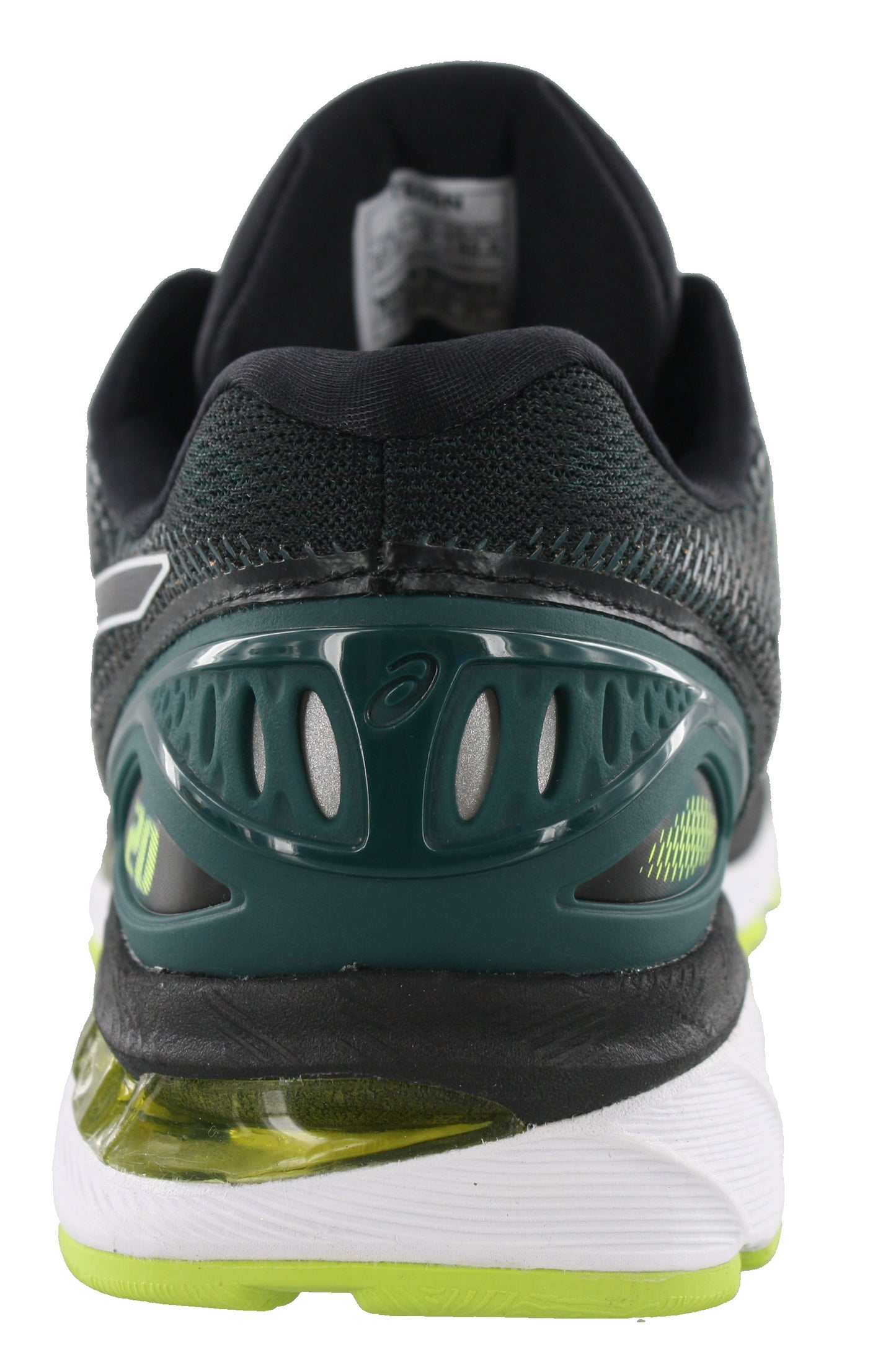 
                  
                    Back of Black with Neon Lime, Forest Green, and White accents ASICS Men Walking Trail Cushioned Running Shoes Gel Nimbus 20
                  
                