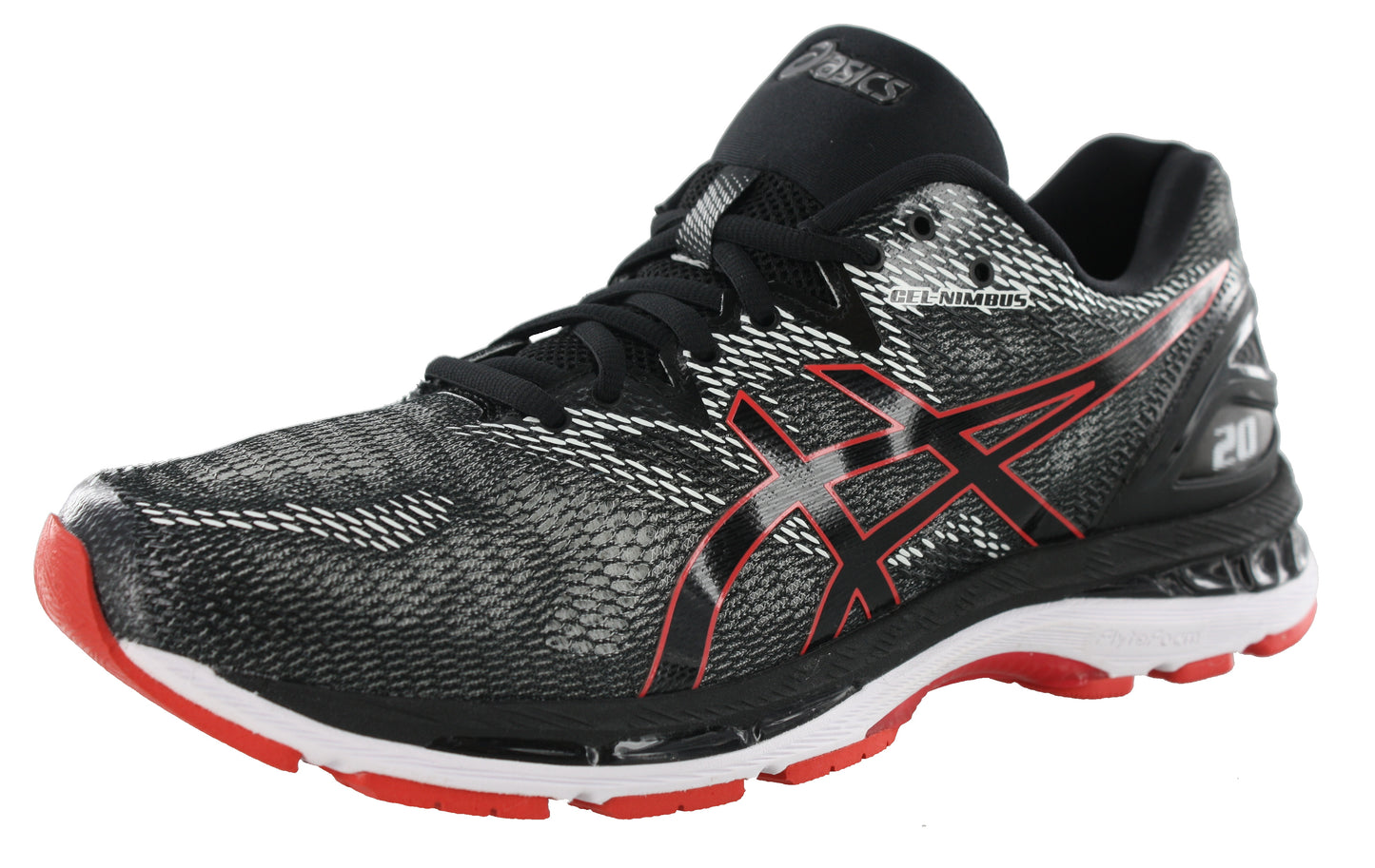 
                  
                    Lateral of Black with Red Alert, Grey, and White accents ASICS Men Walking Trail Cushioned Running Shoes Gel Nimbus 20
                  
                