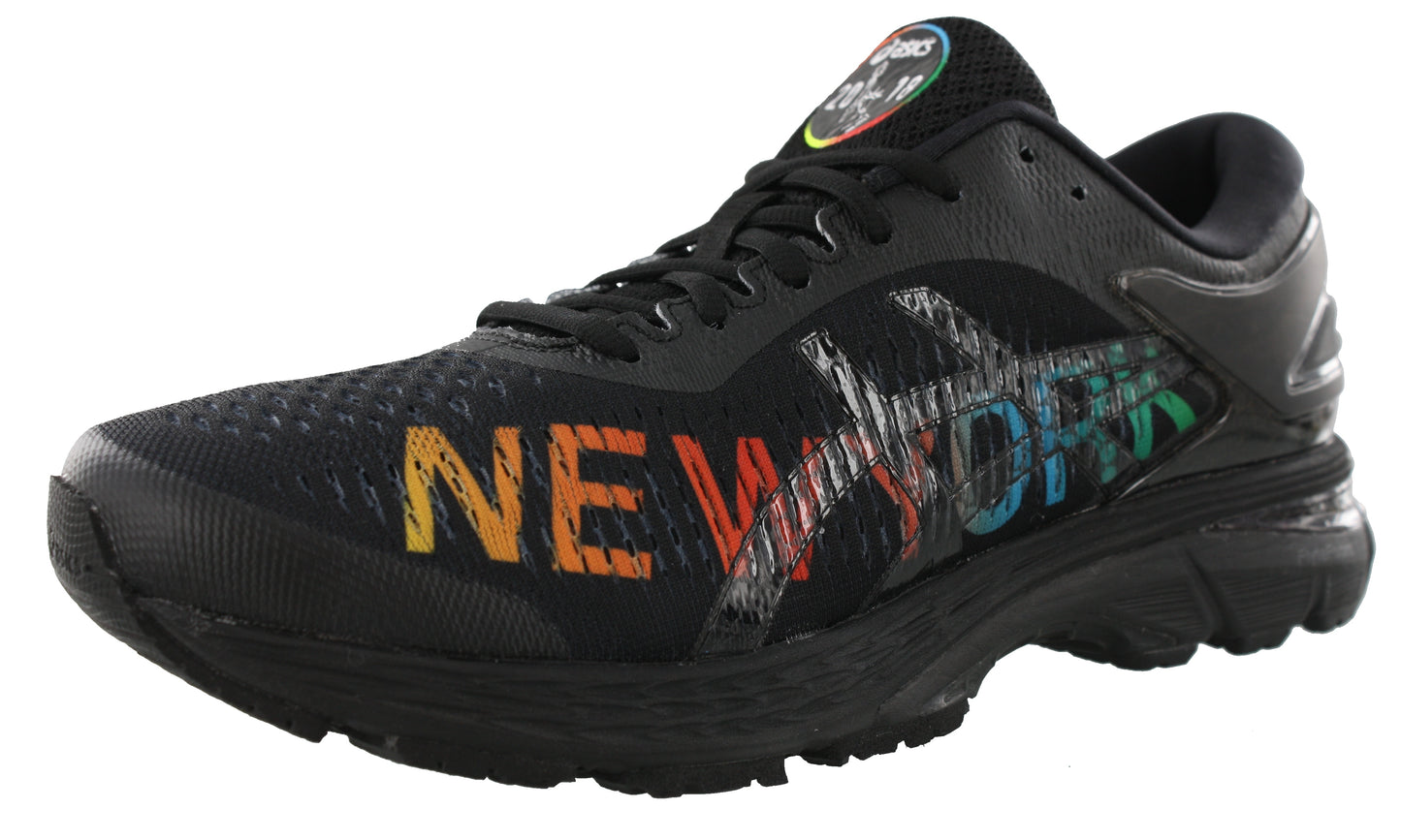 Lateral of Black/BlackNYC ASICS Men's Kayano 25 NYC Marathon Wide Toe Box Running Shoes