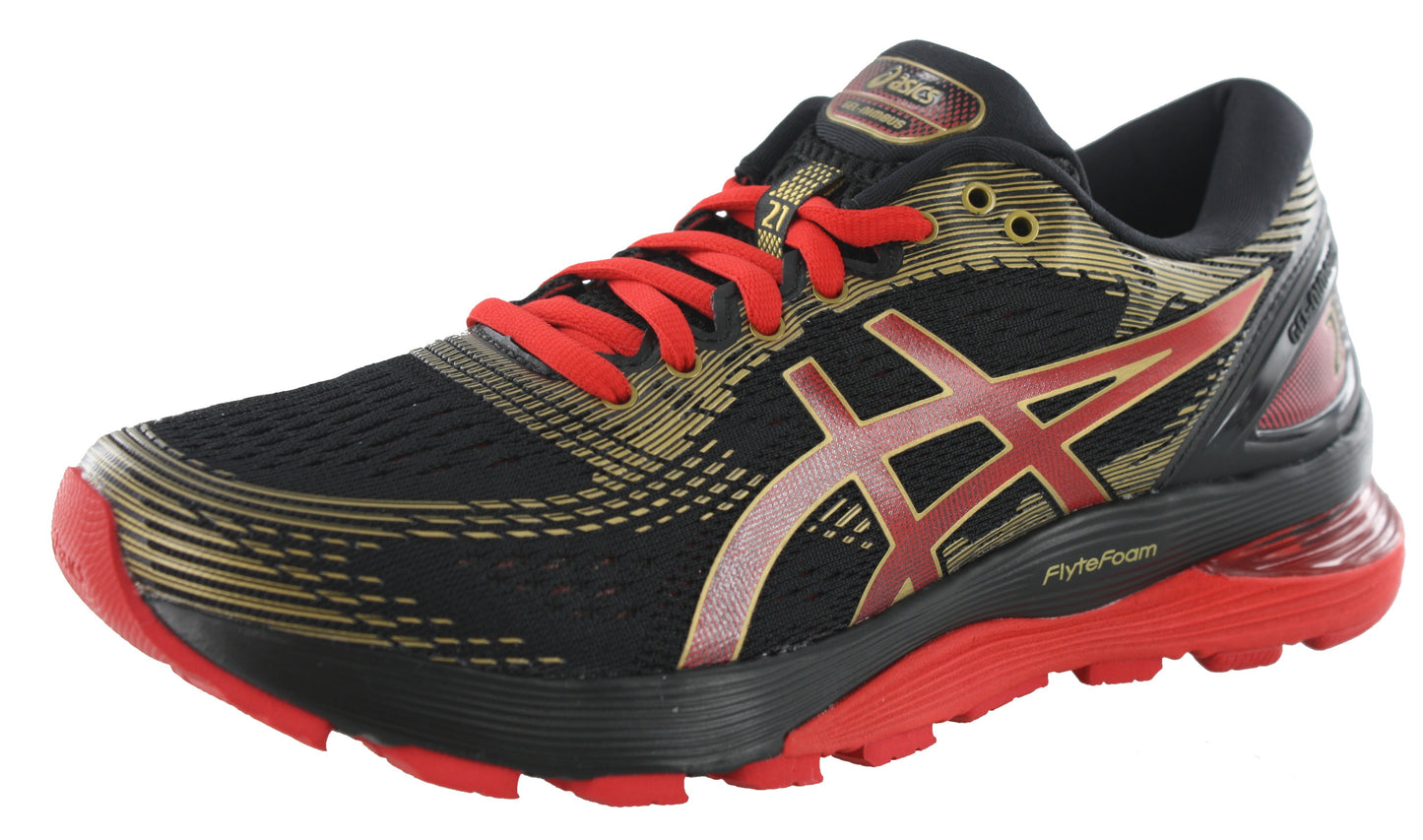 
                  
                    Angled of Black with Gold & Red accents ASICS Men Walking Trail Cushioned Running Shoes Gel Nimbus 21
                  
                