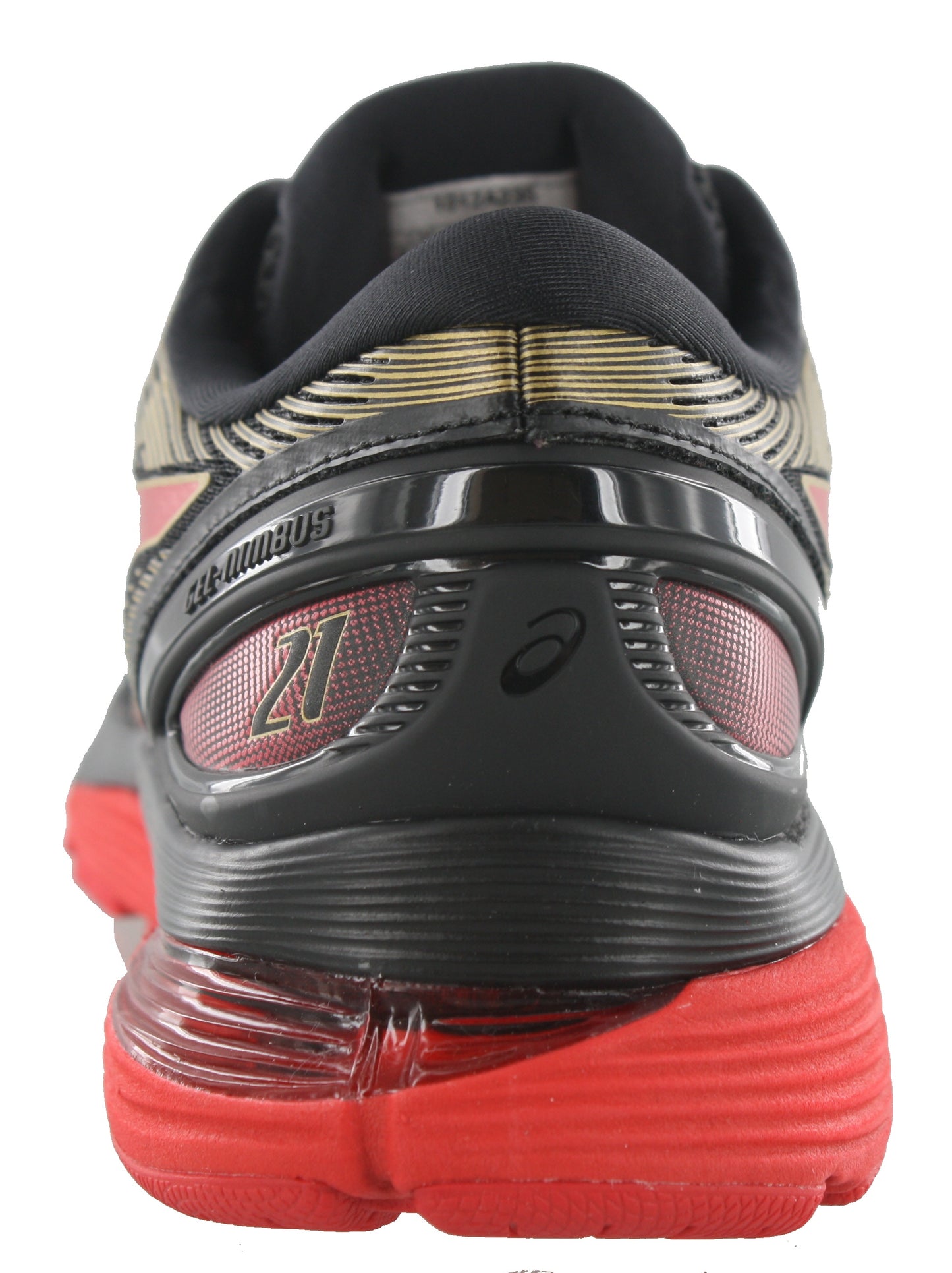 
                  
                    Back of Black with gold and red accents ASICS Men Walking Trail Cushioned Running Shoes Gel Nimbus 21
                  
                